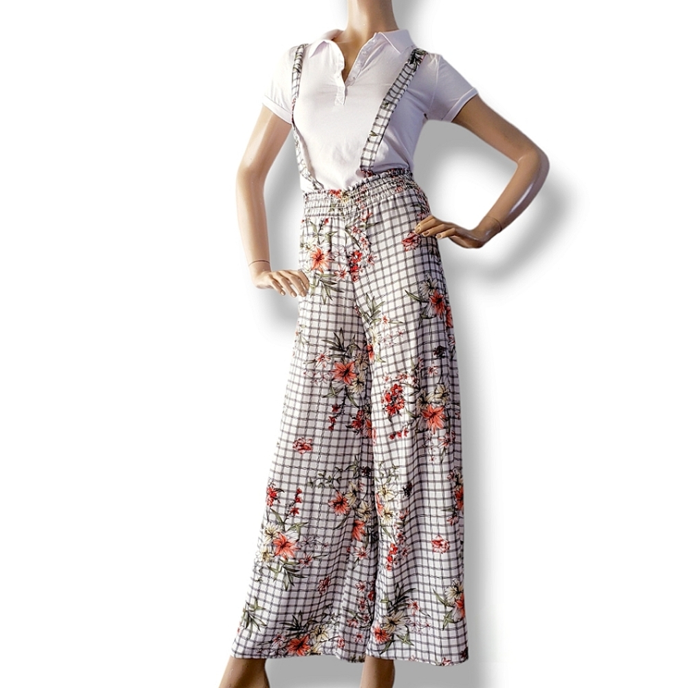 Common Crush Floral Windowpane High Waist, Wide Leg, Criss Cross Overall Pants - Picture 3 of 8